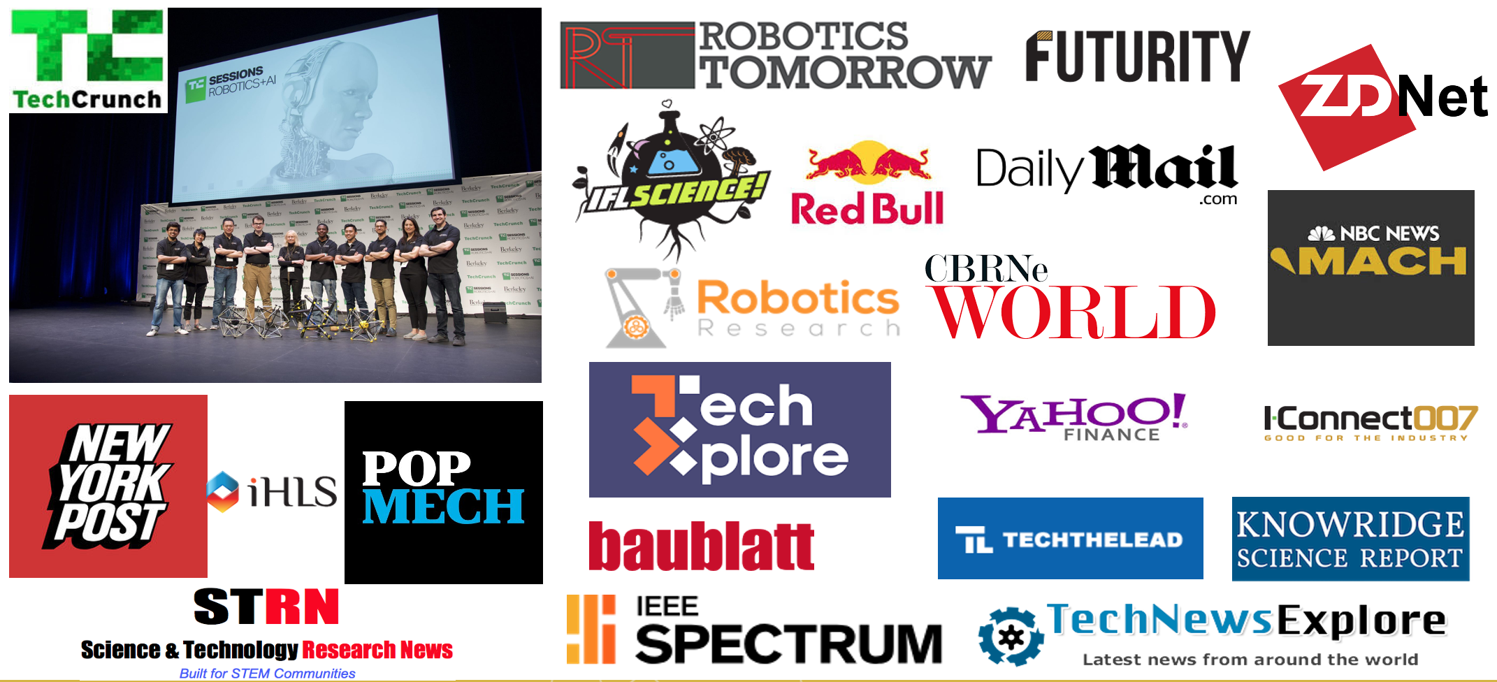 Icons of news agencies posting articles on Squishy Robotics